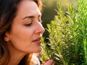donna annusa pianta di rosmarino