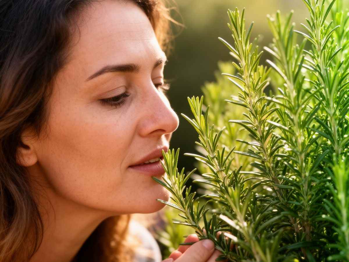 donna annusa pianta di rosmarino
