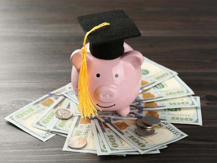 piccolo maialino di ceramica con cappello di laurea con banconote e monete