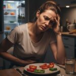 donna con mal di stomaco e peperoni nel piatto
