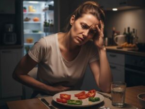 donna con mal di stomaco e peperoni nel piatto