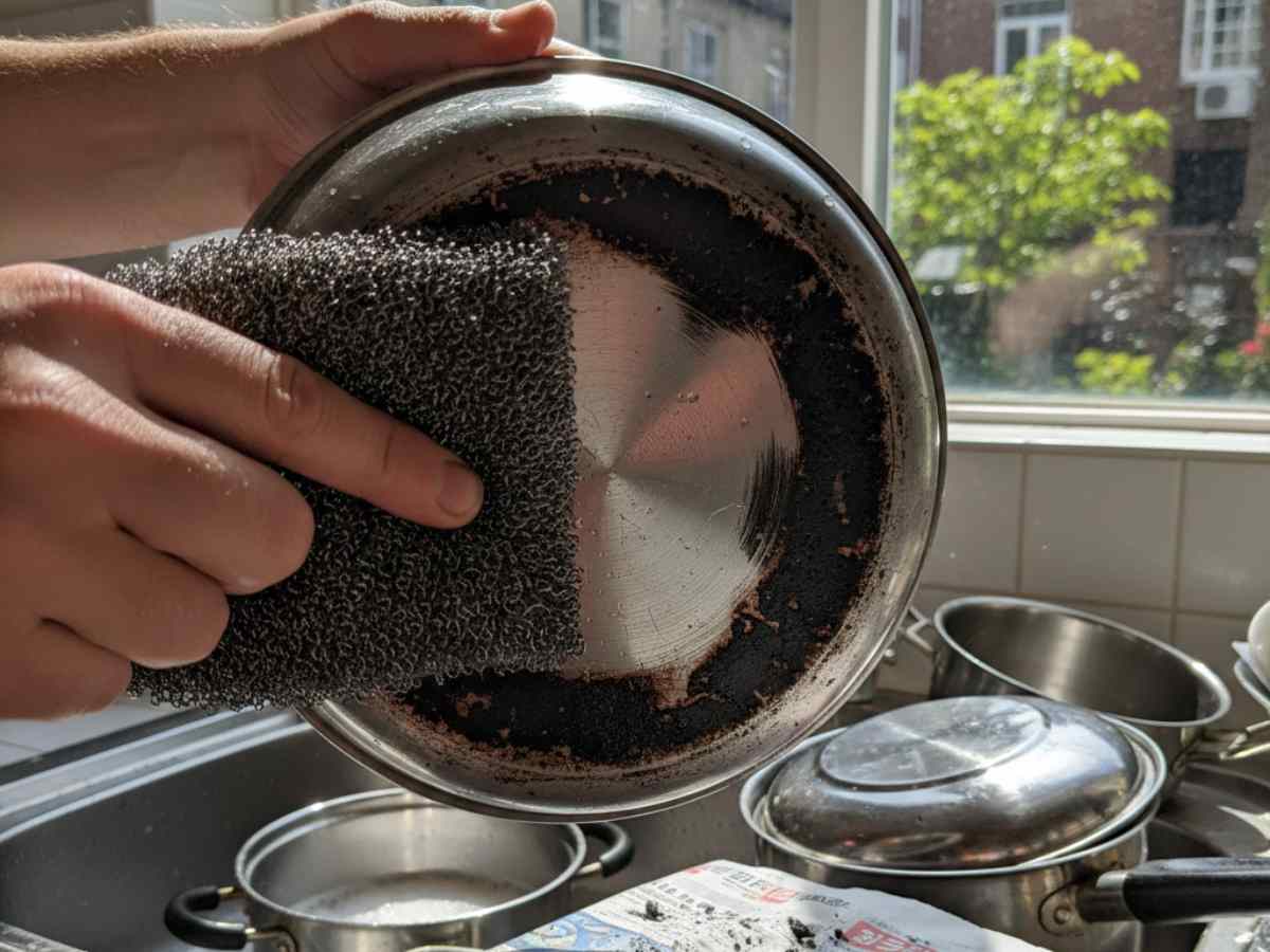 pentola annerita mentre viene sgrassata
