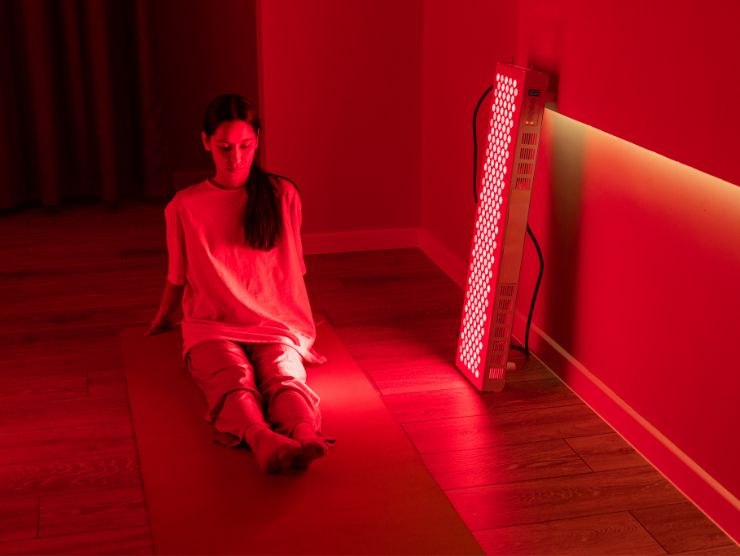donna che si rilassa seduta sul pavimento accanto ad un pannello ad infrarossi caldo