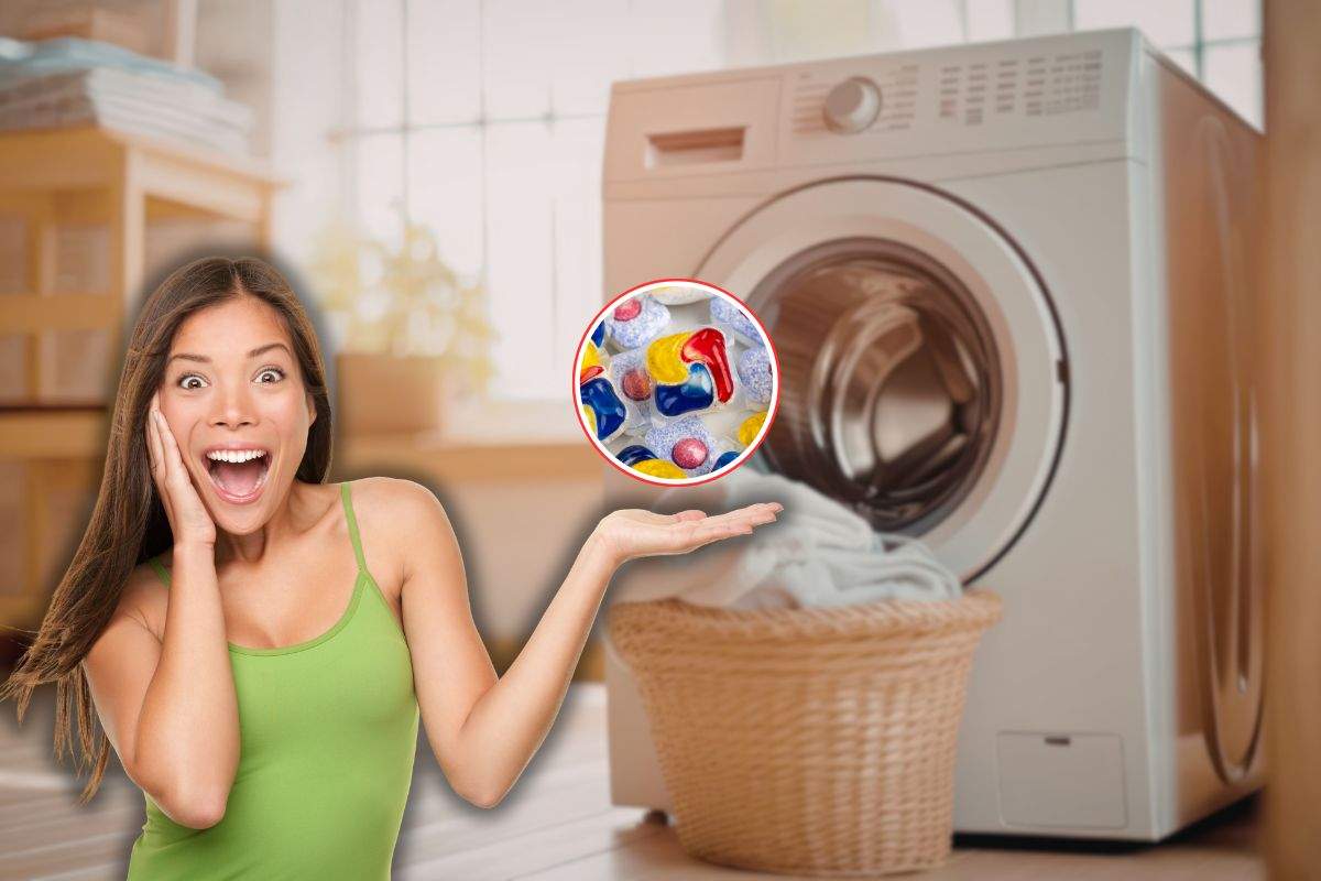 lavatrice con cesta di bucato, donna sorpresa e pastiglia lavastoviglie in icona rossa