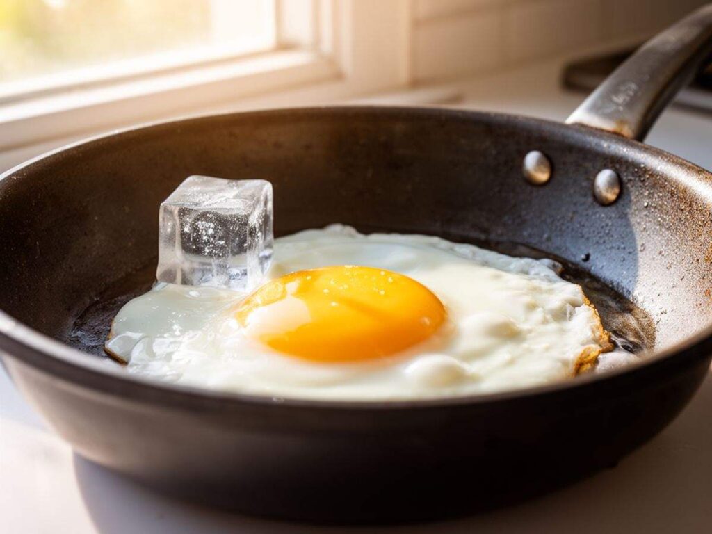 uovo fritto in padella con un cubetto di ghiaccio